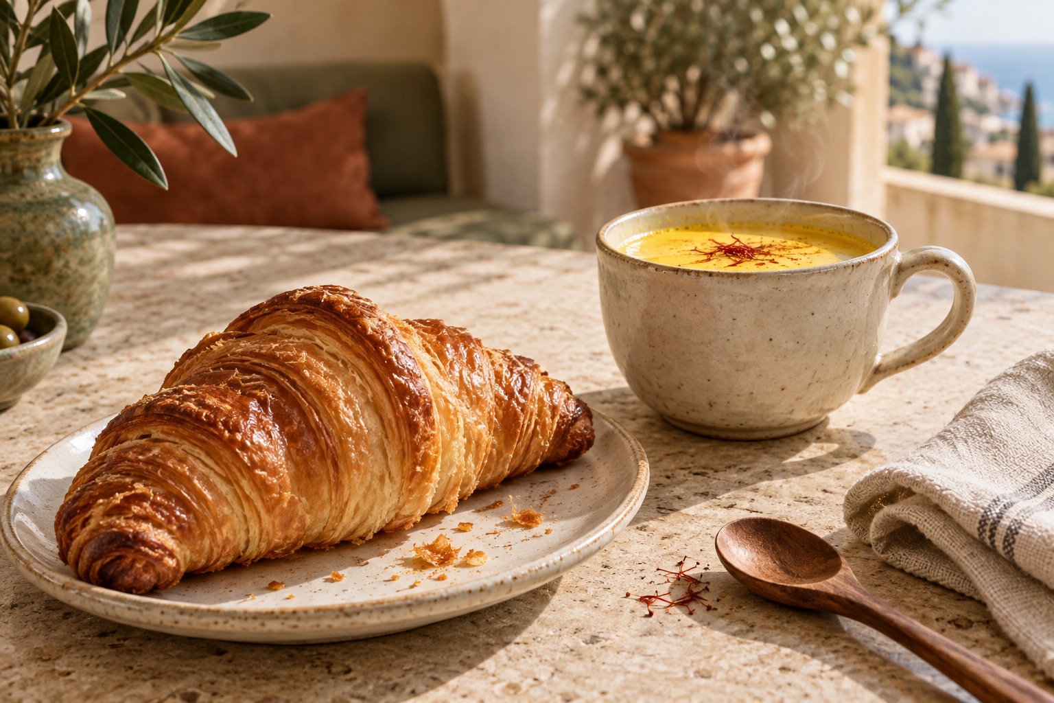 Concept image of saffron tea and a croissant on a café table